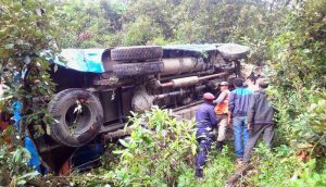 A wreckage of a bus after falling off a cliff near Brindaban in Sideshwor-3 of Baitadi district on Monday, August 15, 2016. Three persons had died in the incident while 36 are injured. Photo: RSS